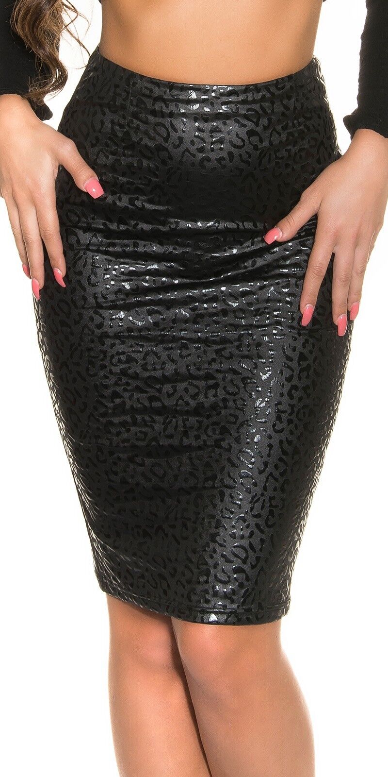 Eleganter Rock IN-MI18526 Leopard Look Bleistiftrock Wetlook