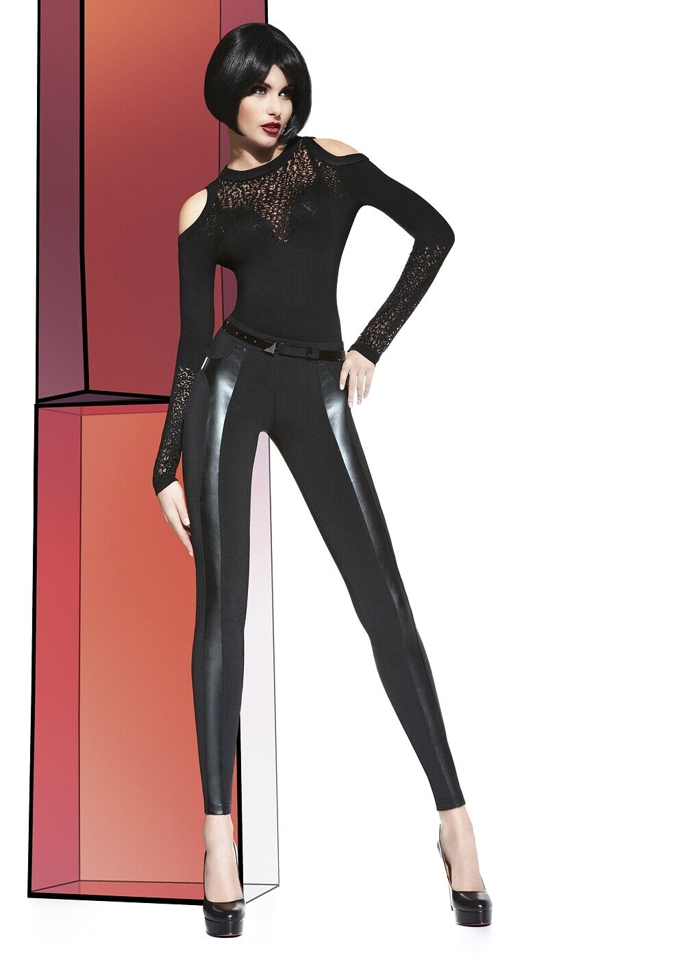 Leggings Adele, Elastisch, Figurformend, Elegant mit Kunstledereinsätzen