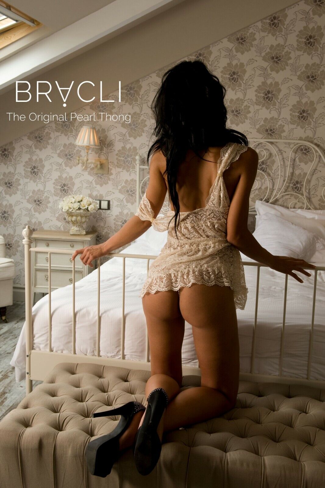 Bracli Neglige LOLITA Nachthemd Brautdessous mit Spitze und Perlen